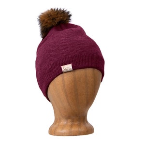 Silk Lined Knit Beanies with Removable Pom Pom Dark Berry/Gold Lining