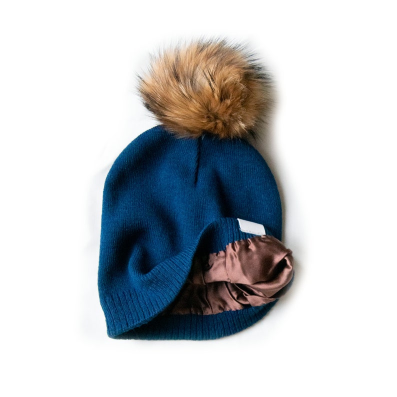 Silk Lined Knit Beanies with Removable Pom Pom Blue