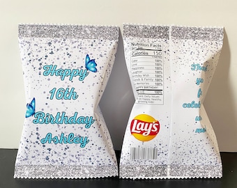 Personalized Butterfly Birthday Chip Bags, Blue & Silver Glitter Party