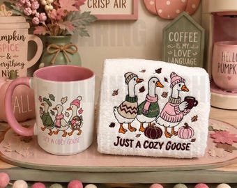 Just a Cozy Goose Fall Mug & Embroidered Hand Towel Set | Pink Sage Cream Autumn Kitchen Decor |  Gift Set
