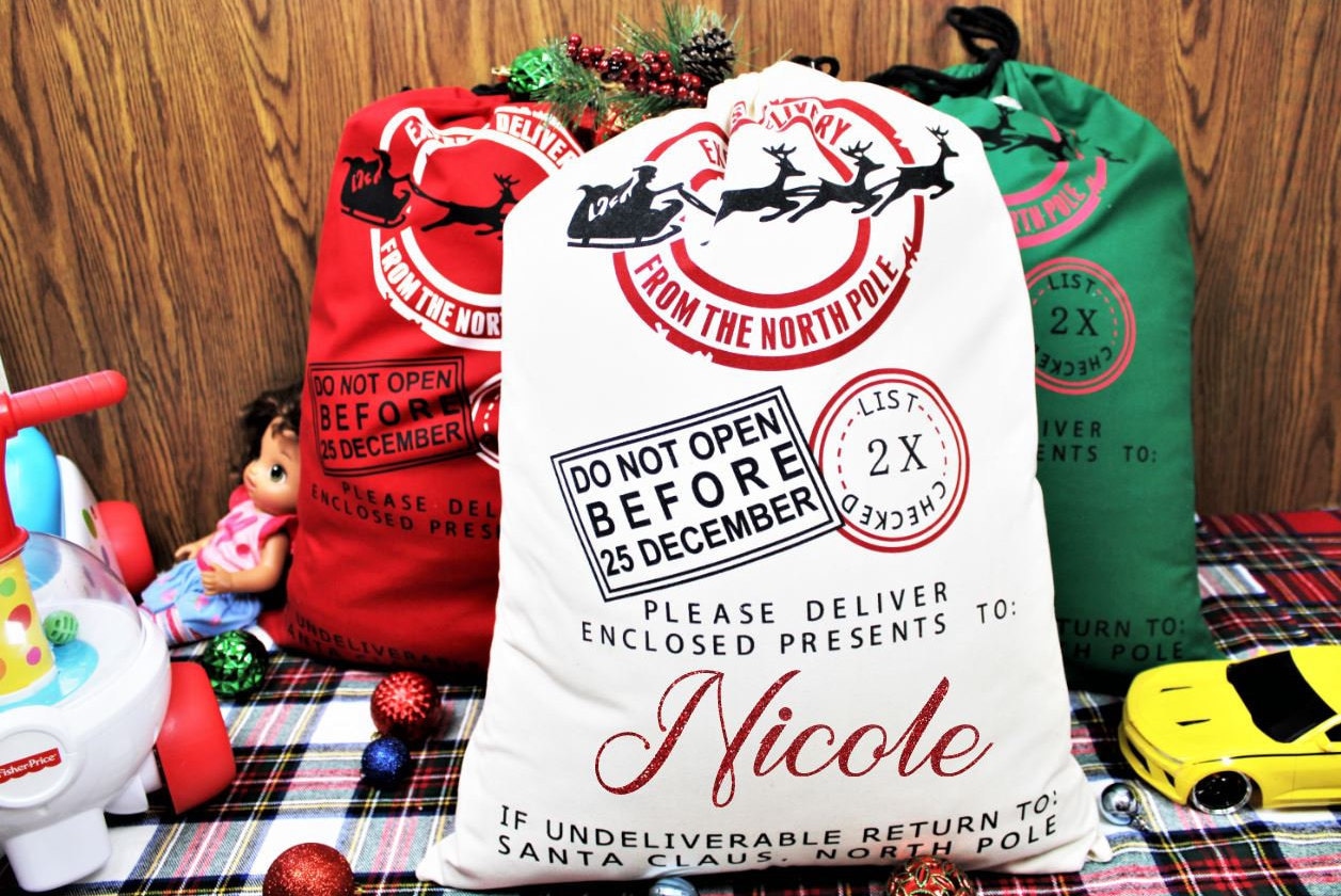 Custom Santa Sack, Holiday Gift Bag for Kids , Add your Name, Personalized Santa Sack, Christmas Tree Gift Bag, Noel Gift Wrap,