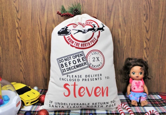 Custom Santa Sack, Holiday Gift Bag for Kids , Add your Name, Personalized Santa Sack, Christmas Tree Gift Bag, Noel Gift Wrap,