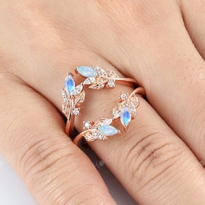 Dainty Moissanite Moonstone Opal Leaf Ring Enhancer wedding band Curved Diamond wedding Band 14K Gold Stacking Matching Bridal Promise Ring