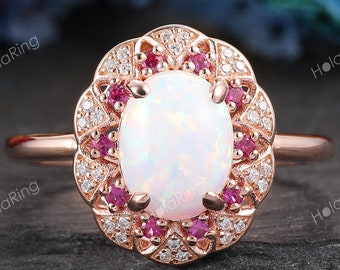 Double Halo Opal Statement Ring/ Silver Opal Ring/ Gemstone Engagement Ring/ Ruby Rings/ Bezel Diamond Ring/ Vintage Floral Wedding Ring