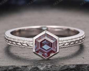 Art Deco Engagement Ring/ Alexandrite Ring/ 14k Solid Rose Gold Ring/ Hexagon Shape 6mm Alexandrite Wedding Ring/ Bezel Setting Bridal Ring