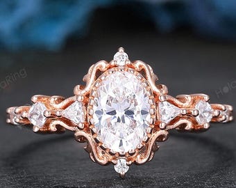Vintage Oval Moissanite Wedding Ring Unique Ring 1CT Moissanite Engagement Ring Stacking Ring Retro Moissanite Bridal Ring Rose Gold Ring