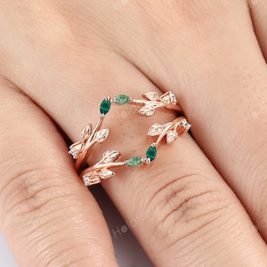 Marquise Moss agate emerald Leaf Vine Dainty Diamond Wedding Band Curved Simulated Diamond Enhancer Band Ring Bridal Anniversary Rings