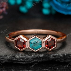 Garnet Ring Turquoise With black cracks Ring/ Dainty Bezel Set Wedding Band/ Unique 3 Gemstone Ring/ Personalized Gemstone Ring Silver 925