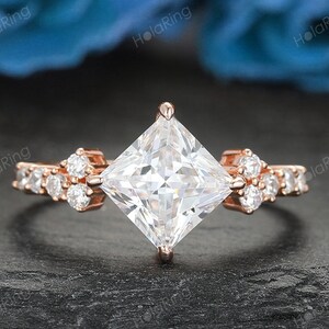 Unique Engagement Ring Princess Cut Moissanite Ring Square Wedding Ring Antique 14k Rose Gold Ring Handmade Bridal Ring Dainty Stack Ring
