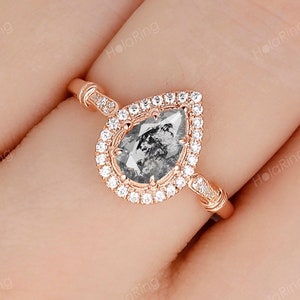 Art Deco 0.8ct Pear Salt Pepper Diamond Wedding Ring Bezel Channel Set Colorless Moissanite Engagement Ring Halo Tear drop Bridal Ring