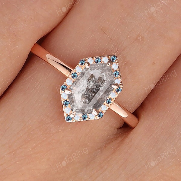 Vintage Halo 1CT Elongated Hexagon Cut Salt & Pepper Diamond Wedding Ring Alexandrite Engagement Bridal Ring 18K Rose Gold Gift For Women