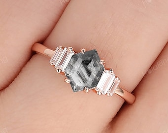 1.5CT Elongated Hexagon Cut Salt & Pepper Diamond Wedding Ring with 4 Accents Stone Baguette Moissanite Bridal Ring Rose Gold Gift For Women