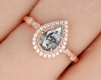 Art Deco 0.8ct Pear Salt Pepper Diamond Wedding Ring Bezel Channel Set Colorless Moissanite Engagement Ring Halo Tear drop Bridal Ring