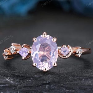 Vintage Lavender Amethyst Promise Ring For Women Solid Gold Lavender Amethyst Bridal Ring Anniversary Ring Oval Cut 6x8mm Amethyst Moon Ring