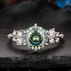 2CT Portuguese Cut Teal Moissanite Ring/ Unique Blue Moissanite Ring/ Cluster Diamond Ring/ White Gold Moissanite Ring/ Women Wedding Ring