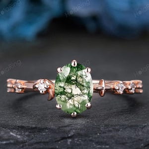 Simple Natural Moss Agate Engagement Ring Unique Green Agate Wedding Ring Solid Gold Bridal Ring Oval 6x8mm 1.5CT Moss Agate Promise Ring