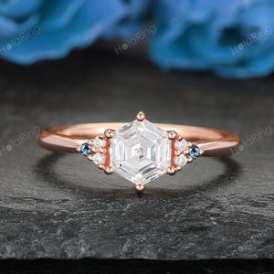 Vintage 14k rose gold engagement ring Hexagon cut moissanite ring Dainty diamond bridal ring Unique Alexandrite ring art deco wedding ring