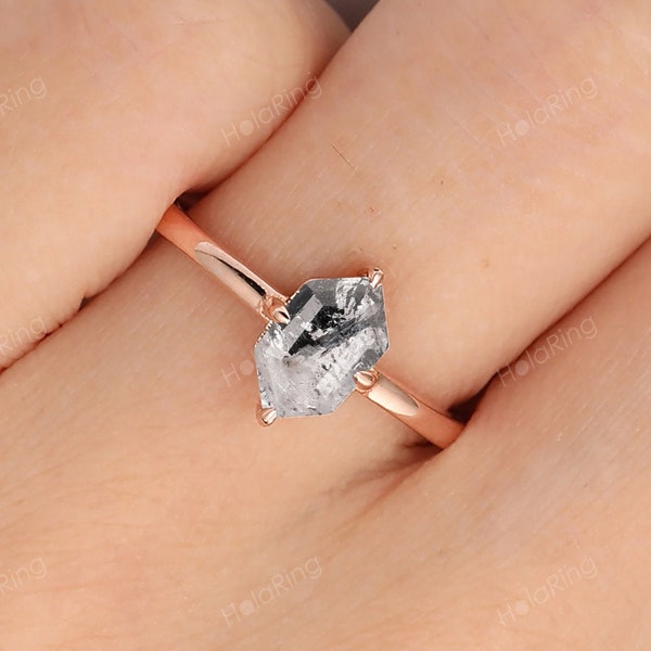 Solitaire Minimalist 1CT Elongated Hexagon Cut Salt and Pepper Diamond Moissanite Engagement Bridal Ring Gold Wedding Ring Handmade jewelry