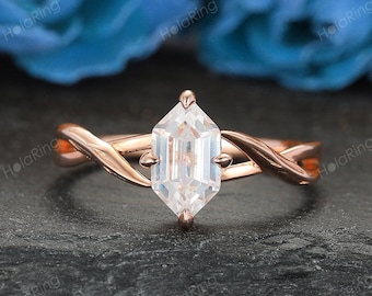 Long hexagon moissanite engagement ring Unique rose gold engagement ring Twist bridal ring Dainty promise ring Anniversary gift ring for her