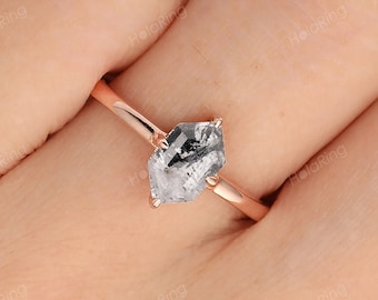 Solitaire Minimalist 1CT Elongated Hexagon Cut Salt and Pepper Diamond Moissanite Engagement Bridal Ring Gold Wedding Ring Handmade jewelry