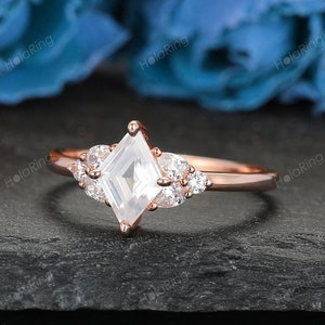 Rhombus cut moissanite engagement ring rose gold band Art deco wedding bridal ring Unique cluster ring diamond ring Anniversary Promise
