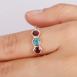 Garnet Ring Turquoise With black cracks Ring/ Dainty Bezel Set Wedding Band/ Unique 3 Gemstone Ring/ Personalized Gemstone Ring Silver 925 image 1