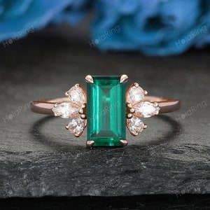 Anel de noivado esmeralda vintage, corte esmeralda, anel de casamento sólido 14k, anel de ouro rosa exclusivo, anel de pedra verde, anel de promessa, presente de aniversário