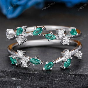 Vintage Emerald Enhancer Wedding Band Leaf Moissanite Ring Unique Wedding Ring Leaf Branch Ring Match Wedding Ring White Yellow Gold Ring
