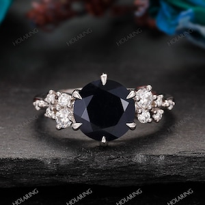 8mm-2ct Round Cut Onyx Engagement Ring/ Diamond Cluster Black Agate Ring/ Natural Agate Jewelry/ Gemstone Statement Ring/ Moissanite Rings