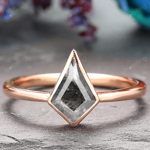 Bezel Low Profile Salt & Pepper Diamond 6x9mm Kite Cut Engagement Ring/ Solitaire Diamond Engagement Ring/ Minimalist rutilated quartz Ring
