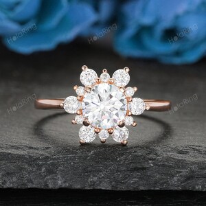 Vintage Flower Colorless Moissanite engagement ring oval diamond ring Unique rose gold diamond Halo ring starburst Bridal ring Anniversary