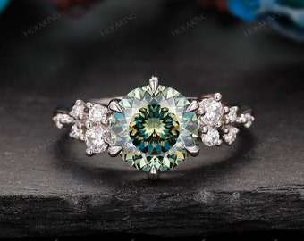 0.5CT/ 1CT/ 1.5CT/ 2CT Portuguese Cut Teal Moissanite Ring/ Unique Wedding Ring/ Cluster Diamond Ring/ Silver Moissanite Ring/ 6 Prong Ring