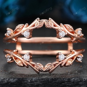 Leaf Vine Ring enhancer Moissanite Diamond CZ wedding band rose gold Unique curved double band Delicate half eternity Stacking Ring promise