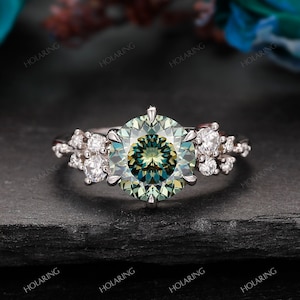 0.5CT/ 1CT/ 1.5CT/ 2CT Portuguese Cut Teal Moissanite Ring/ Unique Wedding Ring/ Cluster Diamond Ring/ Silver Moissanite Ring/ 6 Prong Ring