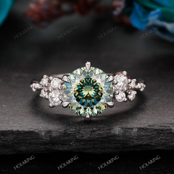 2CT Portuguese Cut Teal Moissanite Ring/ Unique Blue Moissanite Ring/ Cluster Diamond Ring/ White Gold Moissanite Ring/ Women Wedding Ring