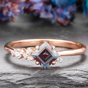 Alexandrite Ring/ 14k Solid Gold Stack Ring/ Princess Cut 5x5mm Alexandrite Engagement Ring/ Delicate Women Ring/ Personalized Wedding Ring