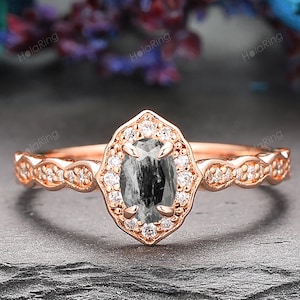 Art-Deco-.5 Karat Oval geformt Salz & Pfeffer Diamant Ehering Vintage Kanal Diamant Halo Diamant Verlobungsring Kathedrale Einstellung