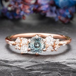0.5CT Portuguese Cut Teal Moissanite Ring/ Cluster Wedding Rings/ Blue Green Moissanite Rings/ Diamond Jewelry/ Dainty Silver Wedding Ring