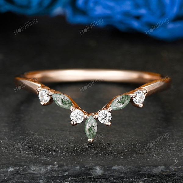 Curved moss agate wedding band solid 10k/14k/18k solid rose gold matching stacking moissanite wedding ring band women anniversary ring gift