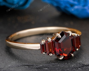 Garnet engagement ring Hexagon vintage 14k solid gold Ring unique Cluster Baguette cut garnet wedding ring bridal ring Anniversary Gifts