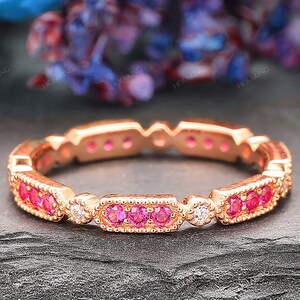 Dainty Ruby Ring/ Solid 14k Gold Stackable Ring/ Unique Bridal Ring/ Custom Antique Wedding Band/ Anniversary Gift Ring/ Delicate Jewelry