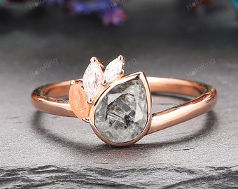 0.8CT Pear Salt Pepper Diamond Ring with Accents Stone Marquise Moissanite Natural Sunshine Stone Engagement Ring Three Diamond Bridal Ring