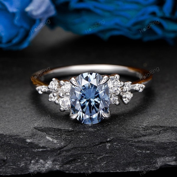 Anillo de boda de moissanita azul 1,5 quilates anillo de moissanita ovalado ajuste floral racimo anillo de moissanita incoloro anillo de moissanita azul brillante