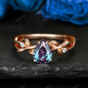 Unique Leaf Vine Twig Branch Nature Inspired Engagement Ring Pear Cut Green Alexandrite Solitaire Wedding Ring 14k Rose Gold Promise Ring