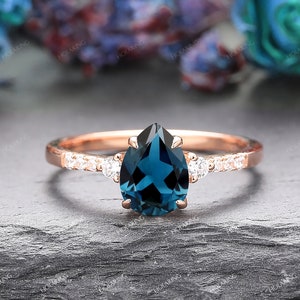 Handmade Women's Ring/ 6x8mm Pear Cut Natural London Blue Topaz Ring/ Water Drop Shape Engagement Ring/ Delicate Gemstone Ring/ Retro Ring