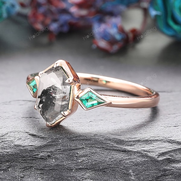 3 Stone Ring 1CT Elongated Hexagon Cut Salt & Pepper Diamond Kite Shape Emerald Wedding Ring Bridal Ring Rose Gold Plated Gift For Girl