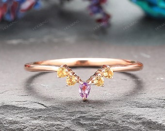Anniversary Gift Ring For Women/ Dainty Wedding Band Ring/ Natural Amethyst Ring/ Unique Gemstone Ring/ Stackable Ring/ Handmade Bridal Ring