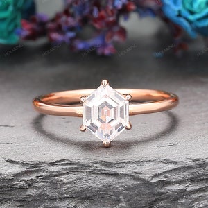 Solitaire Bridal Ring/ 6x8mm Long Hexagon Moissanite Ring/ Unique Engagement Ring/ 14k Rose Gold Ring/ Handmade Wedding Ring/ Promise Ring