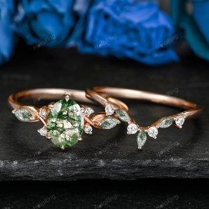 Vintage ovale geschnittene grüne Moosachat Verlobungsring-Set 14k Roségold Marquiseschliff Diamantring für Frauen einzigartige Braut Ehering Set Geschenk