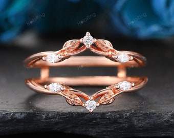 Vintage moissanite ring set enhancer leaf vine nature inspired Unique wedding band set Art deco diamond matching stacking ring for women